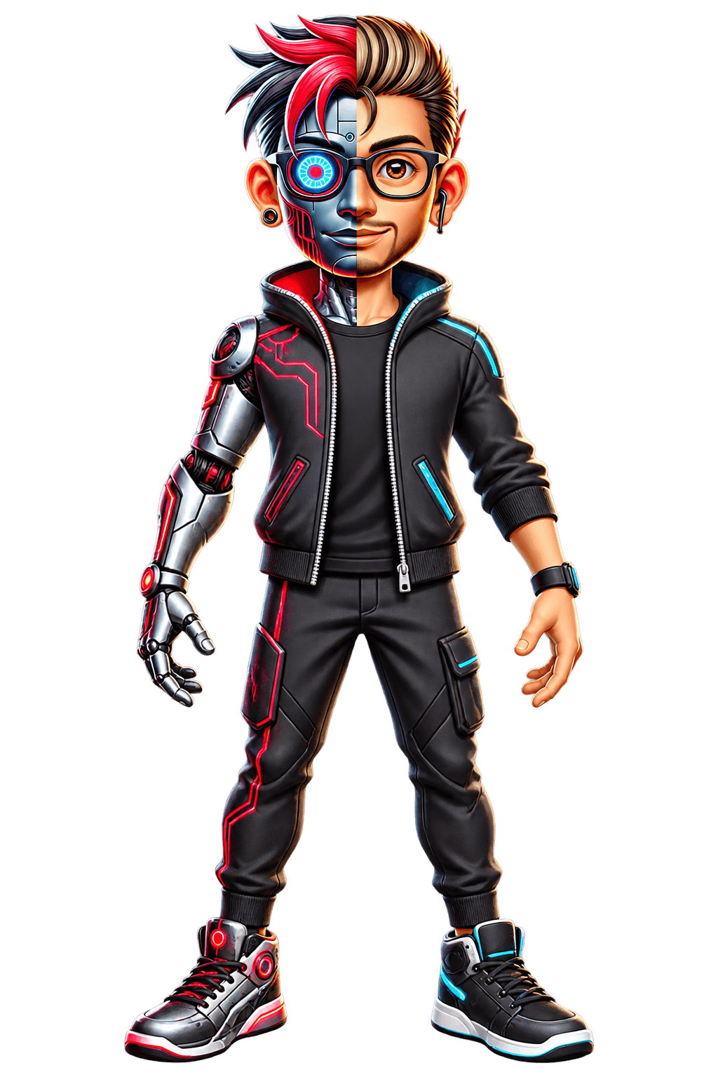 Illustrated character of Abhinav Jha, a cyborg-style figure